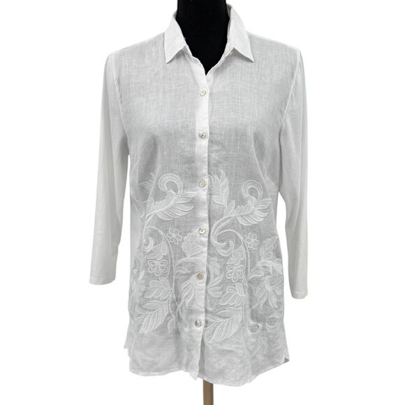 New J. Jill White Floral Embroidered Linen Button Front Long Sleeve Shirt Small - Picture 1 of 10